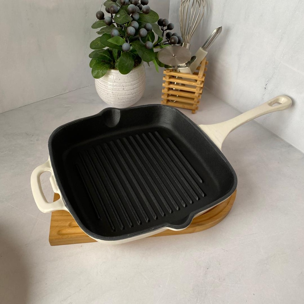 POELE A GRILLE EN FONTE 28CM BEIGE
