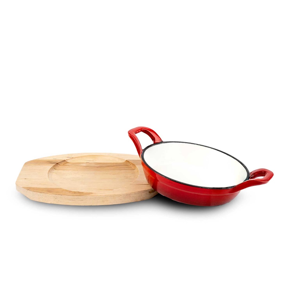 Poele En Fonte 16 Cm Rouge Avec Support En Bois