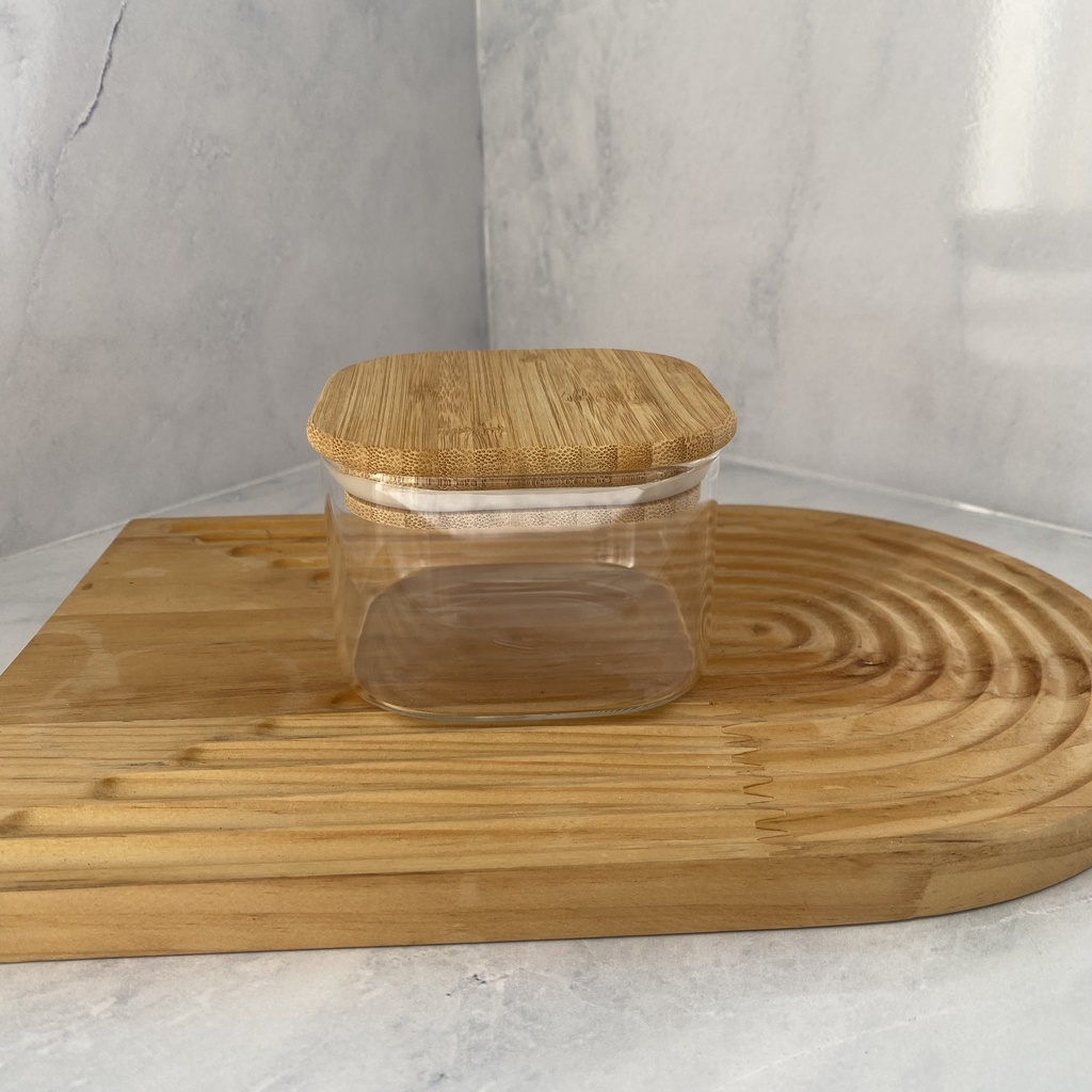 Bocal en verre carré 500ml + couver bambou