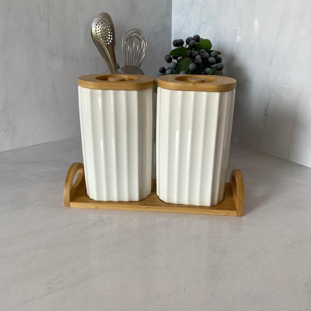 Porte Epices Ceramique Sur Bois Grand 2Pcs