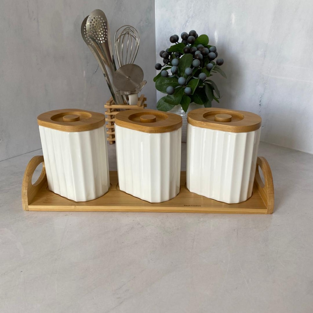 Porte Epices Ceramique Sur Bois Petit 3Pcs