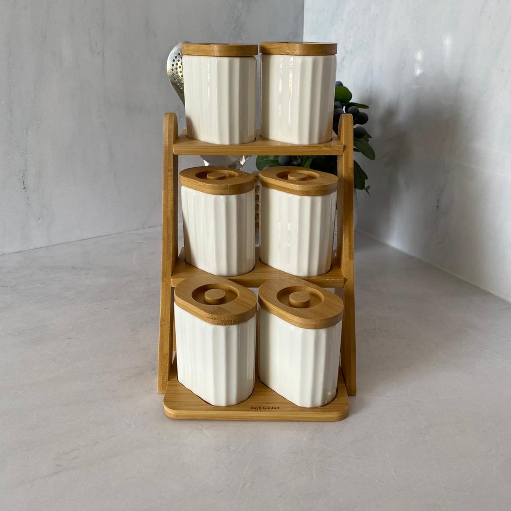 Ensemble Porte Epices Ceramique Support En Bois 6Pcs