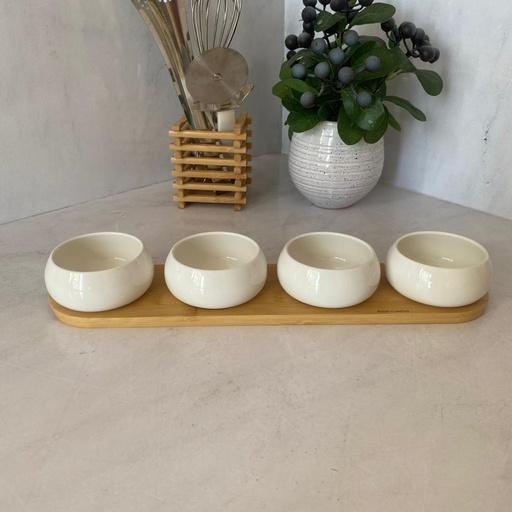 [0804-3] Ensemble Coupelles Ceramique Support En Bois 4Pcs