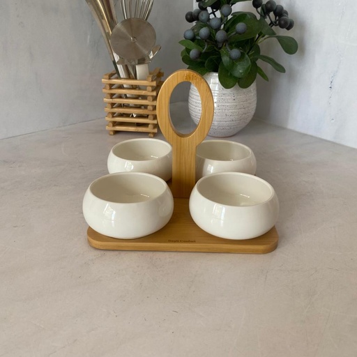 [0804-4] Set Coupelles Ceramique Support En Bois 4Pcs