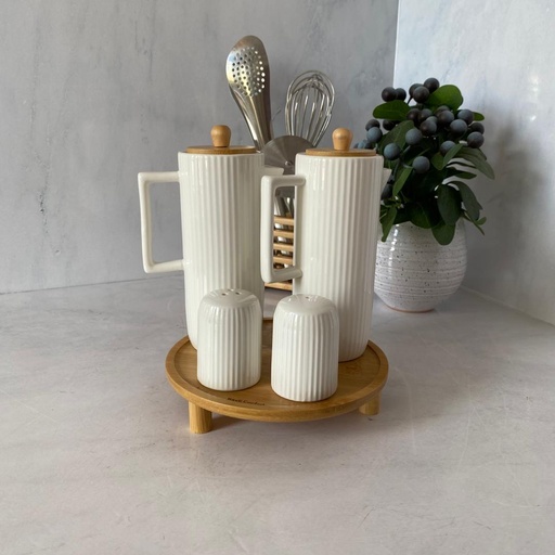 [0804-22] Ensemble Vinaigrette Ceramique Support En Bois