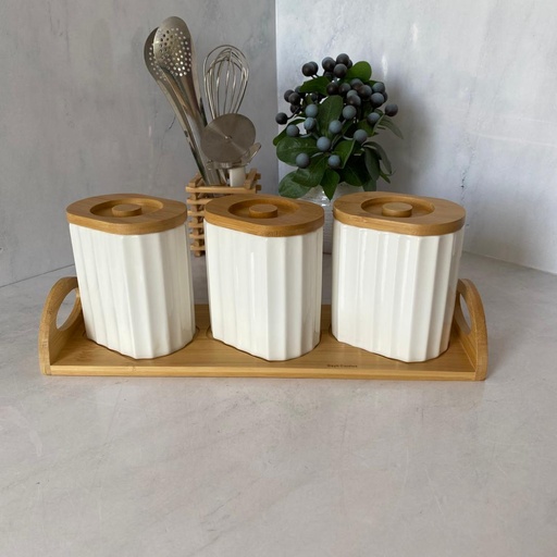 [0804-18] Porte Epices Ceramique Sur Bois Petit 3Pcs